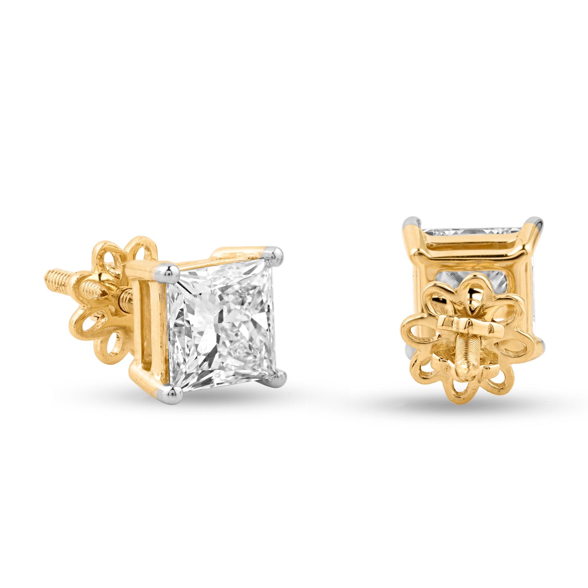 .6ct Princess Lab Diamond Stud Yellow Gold Earrings - Harmony Bound