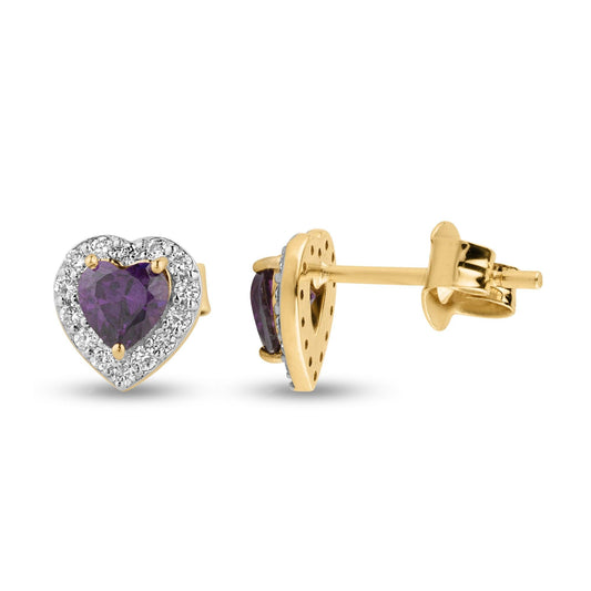 Halo .72ct Purple Heart Lab Diamond Stud Yellow Gold Earrings - Harmony Bound