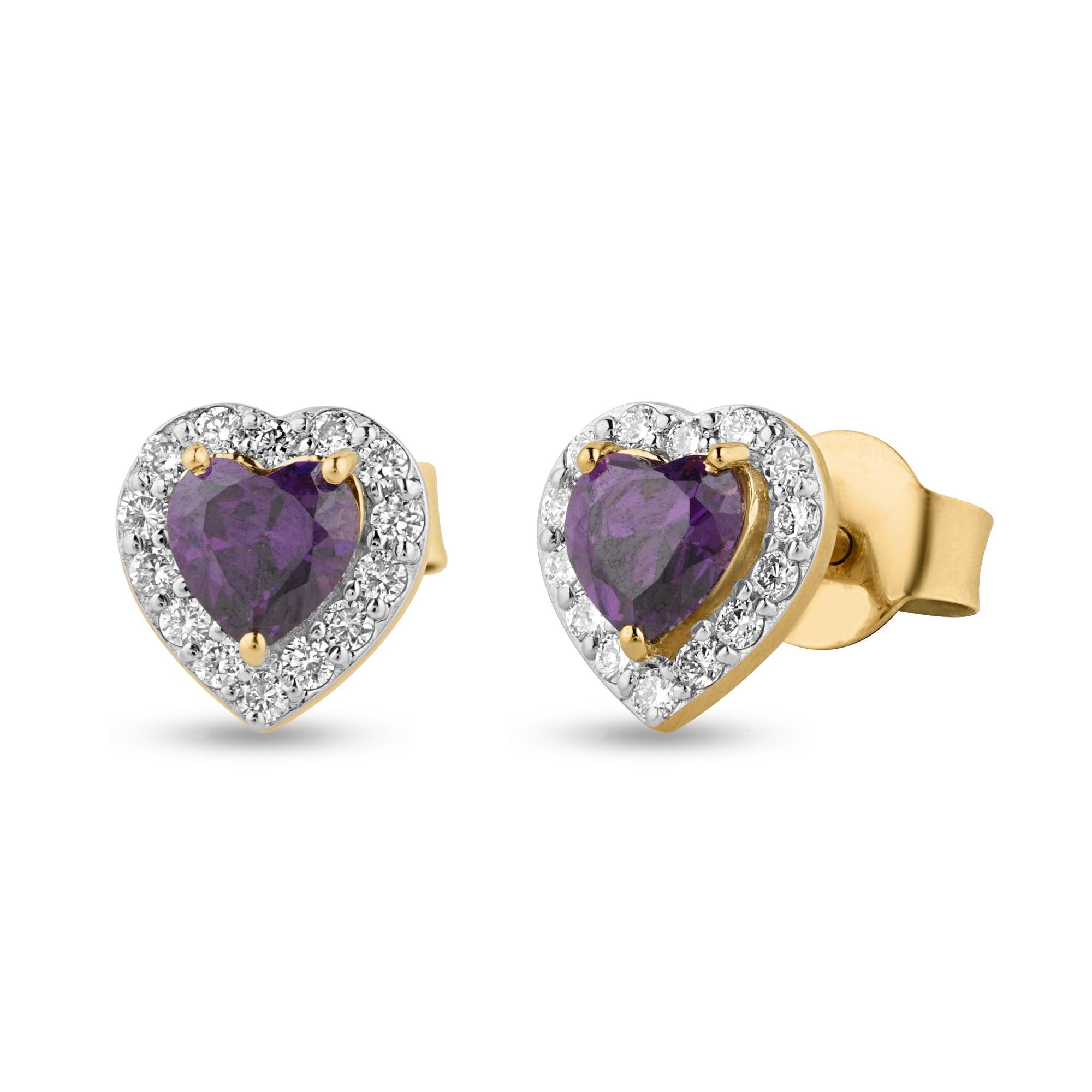 Halo .72ct Purple Heart Lab Diamond Stud Yellow Gold Earrings - Harmony Bound