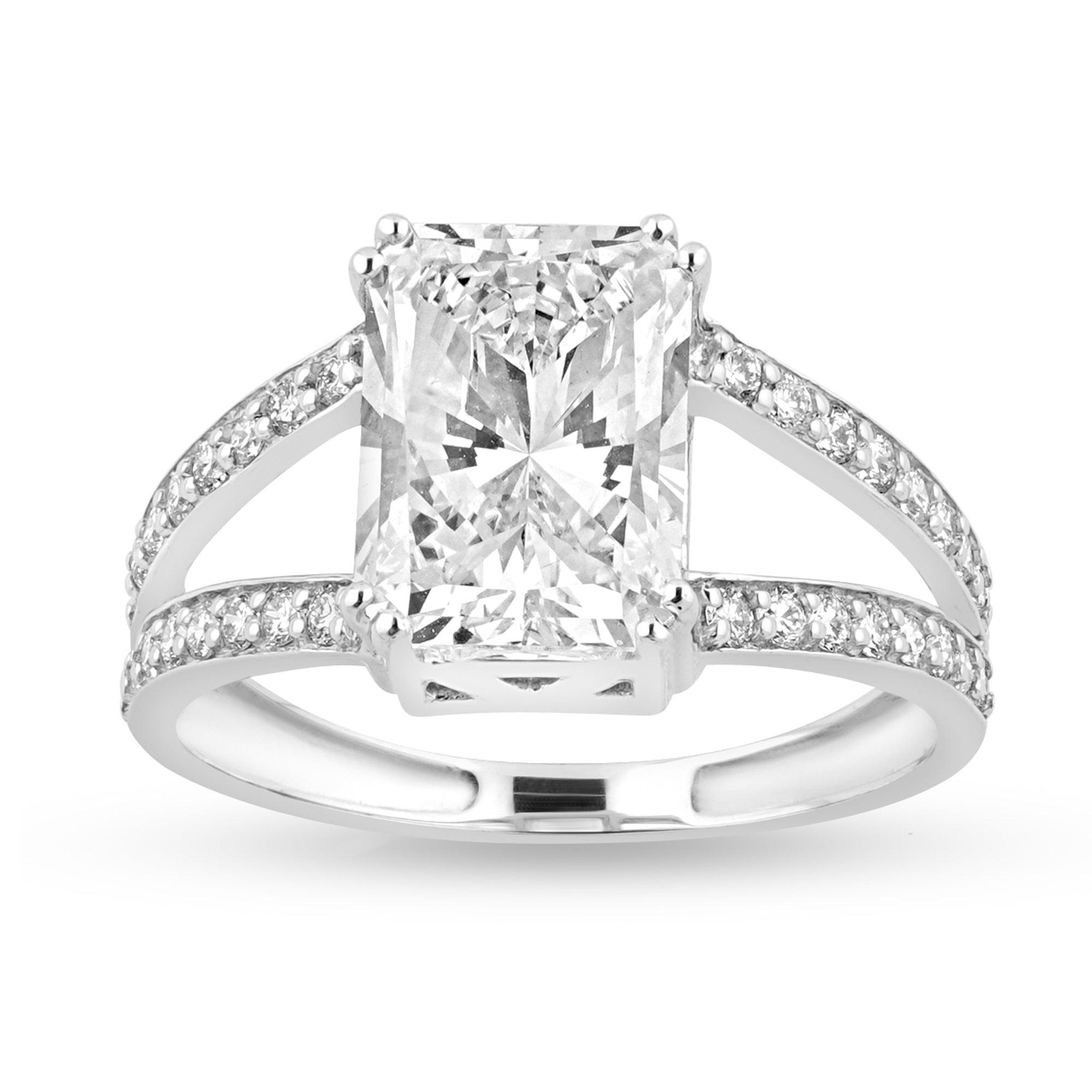 Moissanite Side Stone Ring with 2.93ct Radiant Center Stone - Harmony Bound