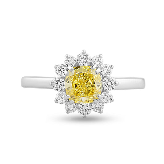 Moissanite Sunflower Halo Ring with 1ct Cushion Yellow Center Stone - Harmony Bound