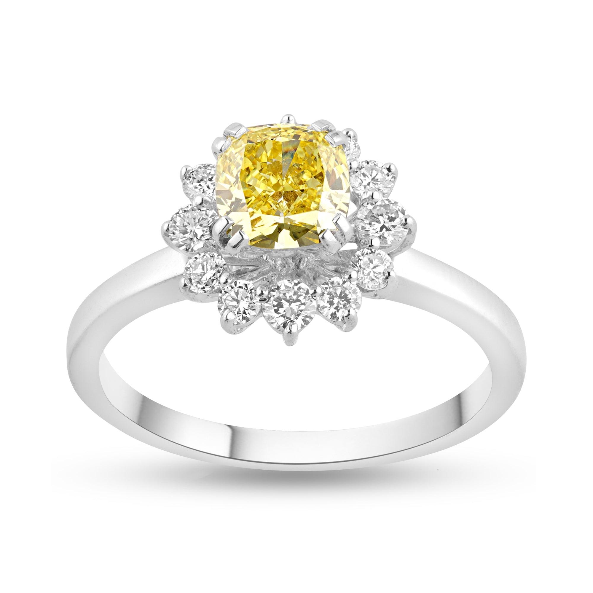 Sunflower Halo Ring with 1ct Cushion Yellow Lab Diamond Center Stone - Harmony Bound